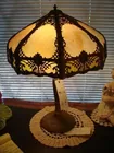 LEADED GLASS LAMP-SIGNED ON BASE-M.L.CO.