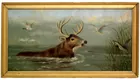 Oil Painting Of Swimming Deer Circa 1873