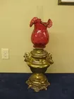 English Oil Lamp Cranberry Shade