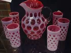 Fenton Cranberry Opalescent Coin Dot Pitcher Set