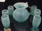 Fenton Blue Opalescent Hobnail Pitcher Set