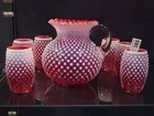 Fenton Cranberry Opalescent Hobnail Pitcher Set