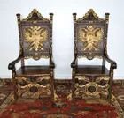 Pair 19th C. Carved Walnut Throne Chairs 