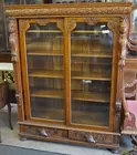 Ornate Antq. Oak Glass-Door Bookcase