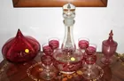 Cranberry glass decanter & glasses