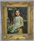 Unsgd. Small Oil, Girl Feeding Rabbits