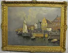 Lg. Painting of Sailboats at Harbor