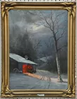 Unsgd. Oil on Canvas, Barn in Snow
