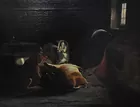 Old Oil Painting of Dogs & Basin