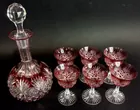 Antique Cut To Clear Ruby Decanter & (6) Cordials