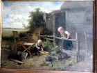 19th C. Signed Children By Farmhouse Oil Painting