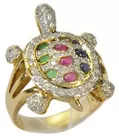 18K Turtle Ring w/Diamonds & Gemstones