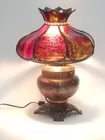 HAND PAINTED OIL LAMP WITH STAIN GLASS PANEL SHADE
