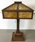 Antique Arts & Crafts Oak & Slag Glass Lamp