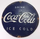 ANTIQUE BLUE PORCELAIN DRINK COCA COLA ICE COLD SI