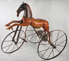 FRENCH CARVED WOOD HORSE VELOCIPEDE TRICYCLE