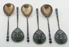 Set Of 6 Early Russian Sterling Enamel Spoons